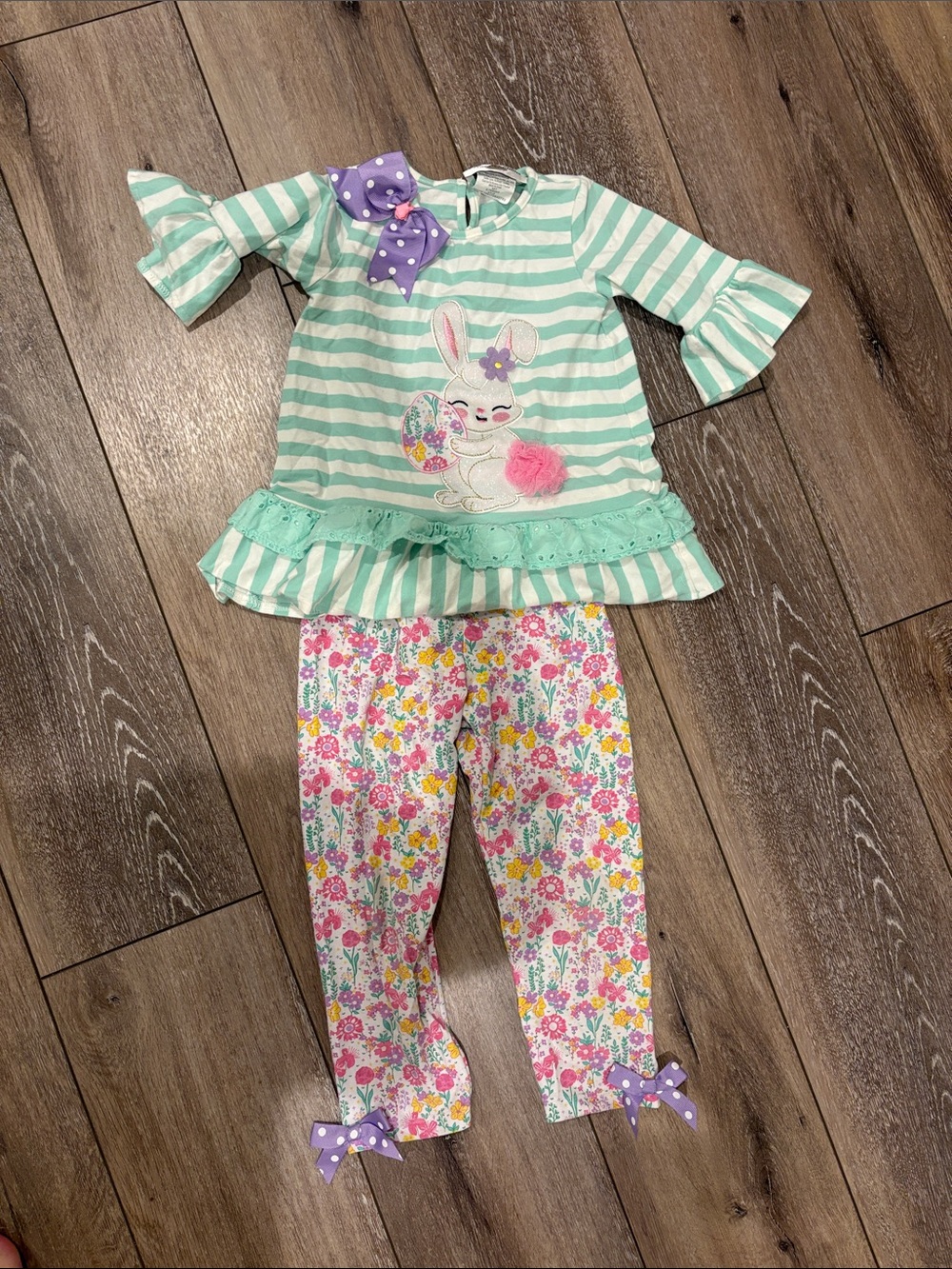 Rare Editions Girls Mint Stripe Bunny Pajama Set with Floral Leggings